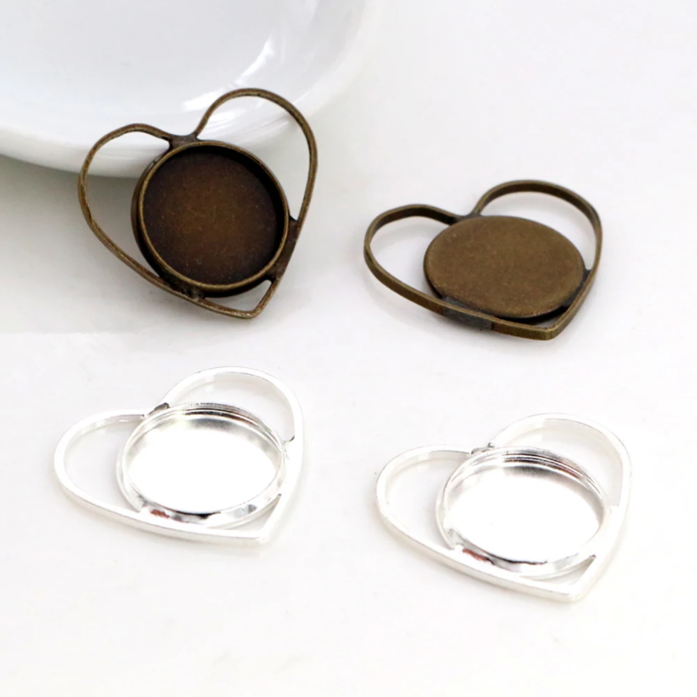 20pcs 12mm Inner Size Silver Plated Bronze Plated Brass Material Heart Style Cabochon Base Cameo Setting Charms Pendant Tray