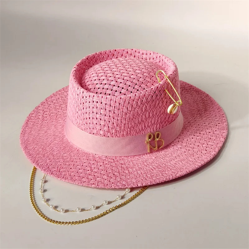 Cherry powder 2026 straw hat pearl chain DIY flat top sun hat new Korean elastic ribbon hat beach hat candy color sun hat