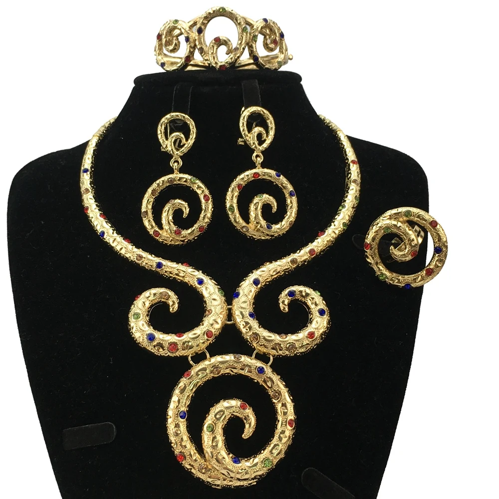 Fashion Woman Jewelry Set 2024 New Design Gold-color African Necklace Bracelet Ring Earrings Full Set FHK18499