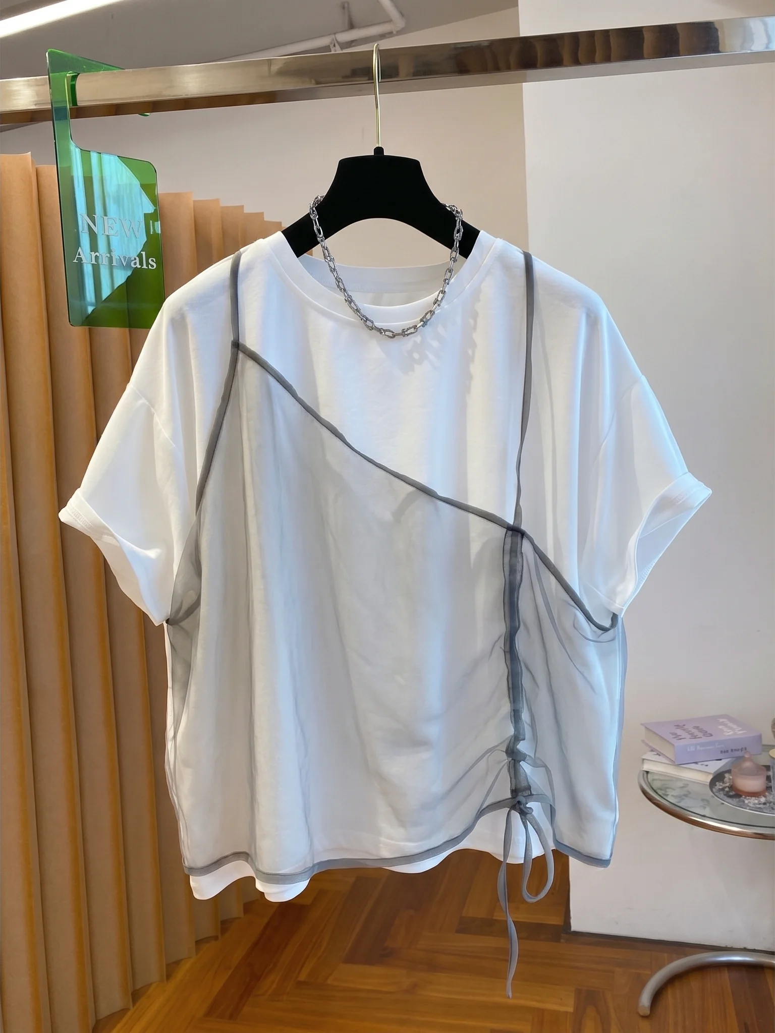 

Gray Unique Fake Two-Piece Short Sleeve T-Shirt Women's Loose Summer Top Cleanfit Style round Neck Pure Color Breathable Fabric
