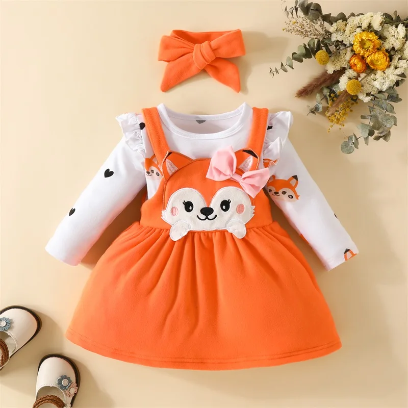 

Infant Baby Girls Autumn Outfit Sets Long Sleeve Fox Print Romper And Orange Suspender Skirt Headband Sets