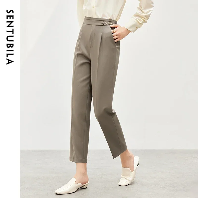 

SENTUBILA Women's Slim Pants 2025 Spring Summer Simple Texture High Waist Metal Button Folds Office Lady Cropped Pants 143K55879