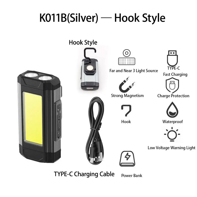 Luz de trabajo magnética COB portátil, linterna LED recargable, superbrillante, para acampar, impermeable, lámpara de reparación de automóviles con soportes
