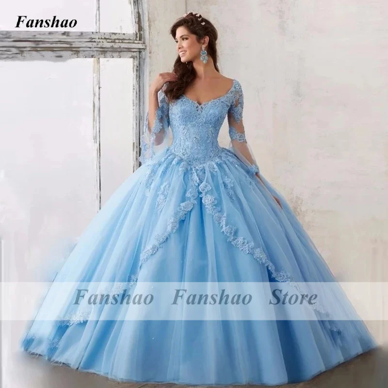 Vestido de quinceañera, Trompeta de manga larga, apliques de encaje, lentejuelas, fiesta de princesa, dulce vestido de graduación, talla grande: