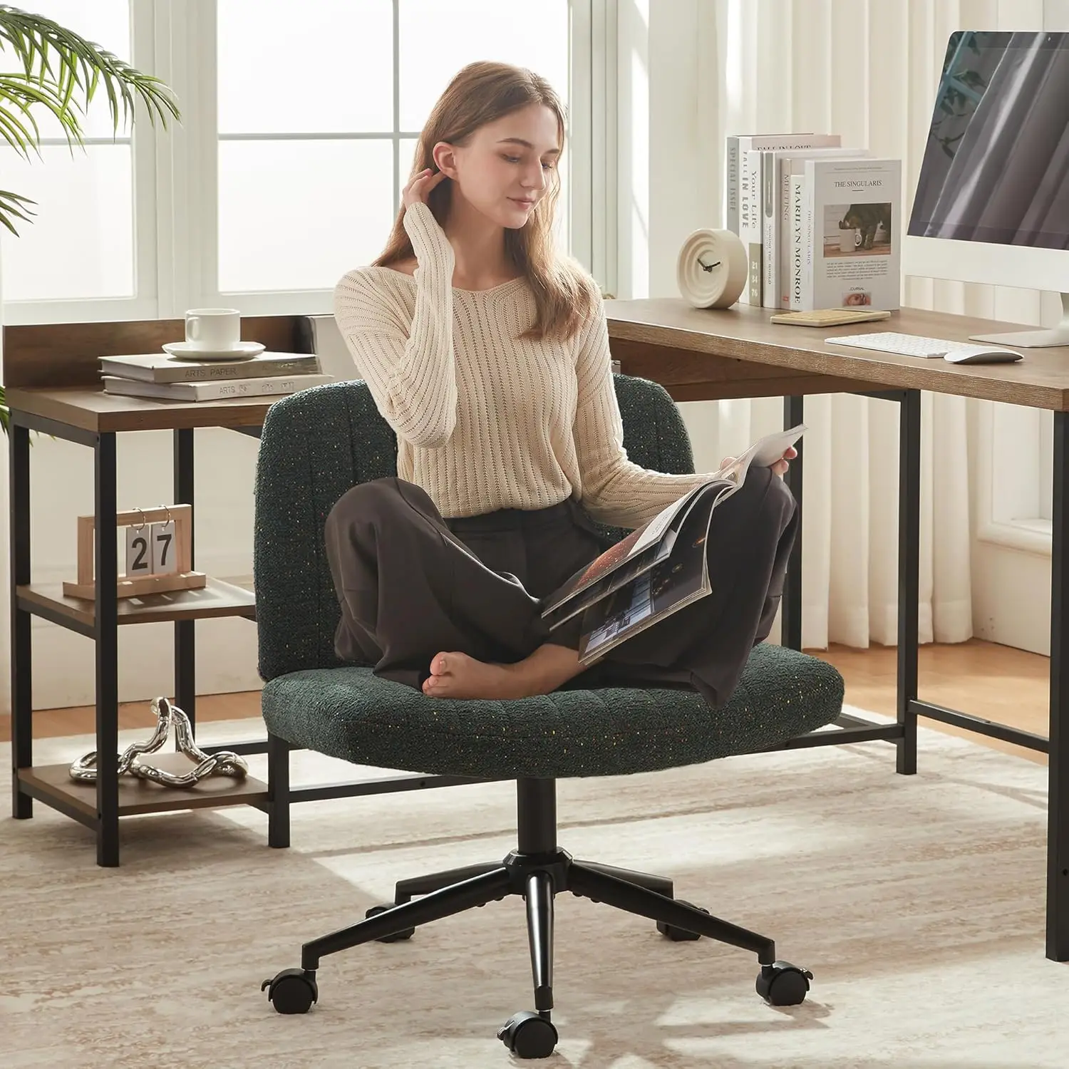 Criss Cross Chair with Locking Wheels, Preminum Fabric and Pocket Spring Cushion, Adjustable Swivel Wide Seat Computer Chair