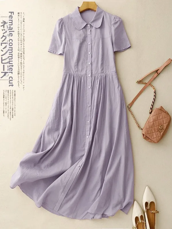 Color puro Blo algodón lino largo Svel muñeca Collar A-Line irt Dr adelgazamiento ropa de mujer de gran tamaño