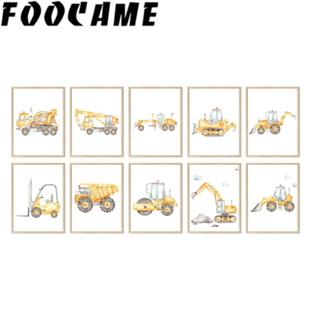 Truck Excavator Crane Canvas Poster Nursery Wall Art Print Interior Painting Nordic Posters Kids Picture Boys Bedroom Decor Room