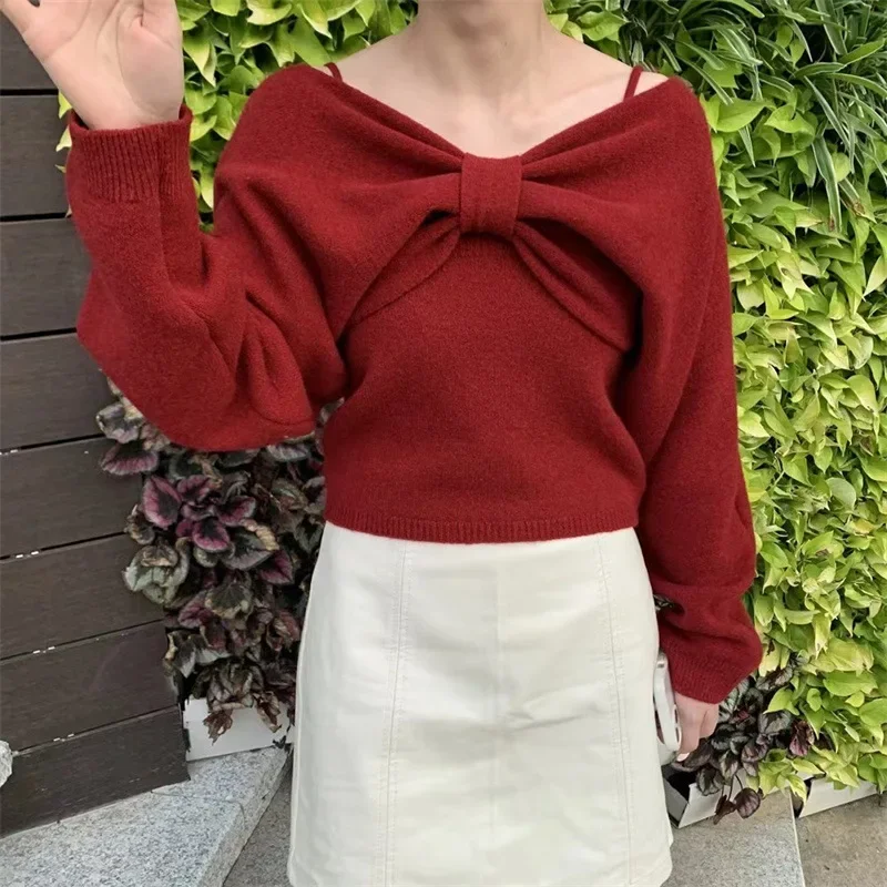 Sweet Bow Long Sleeve Sweater Women Slim Fit Simple Knitted Tank Tops Autumn Winter 2024 New Korean Chic Two Piece Set Y2k