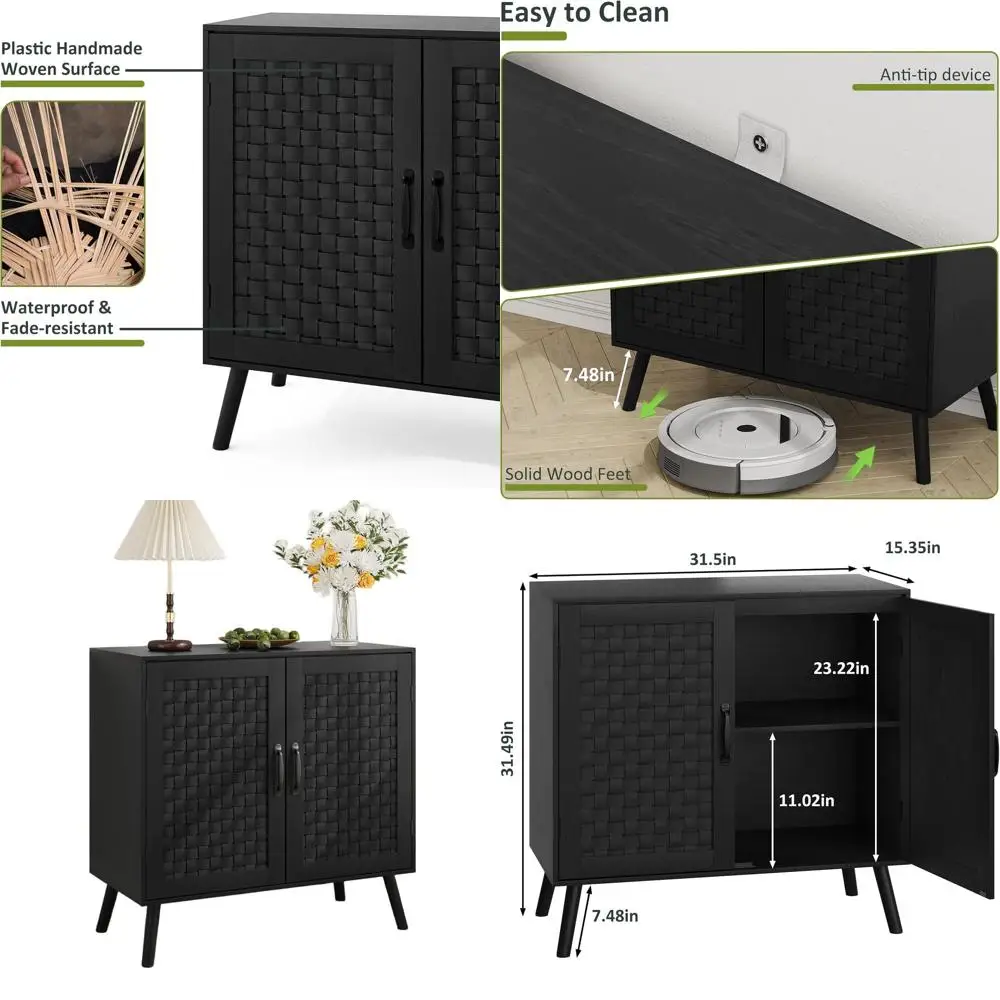 

Rattan-Decorated Sideboard Cabinet with Adjustable Shelf for Kitchen and Living Room Storage