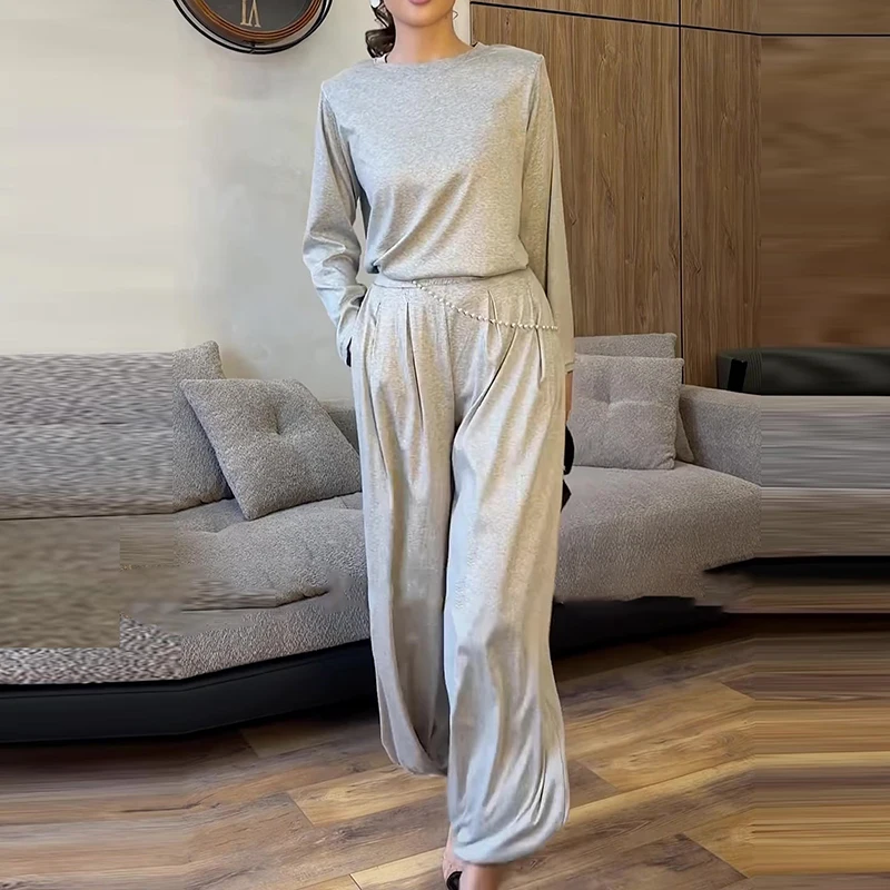 

2026 Spring O-neck Long Sleeved Top and Wide Leg Pants Suit Women's Casual Outdoor Outfits Retro Solid Color Pleated Office Set
