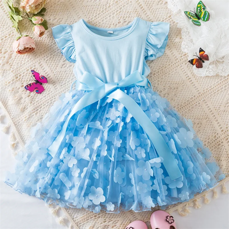 2024 New Summer Dress for Baby Girls 2-6 Years 3D Butterfly Fly Sleeves Kids Birthday Princess Dress Elegant Wedding Party Dress