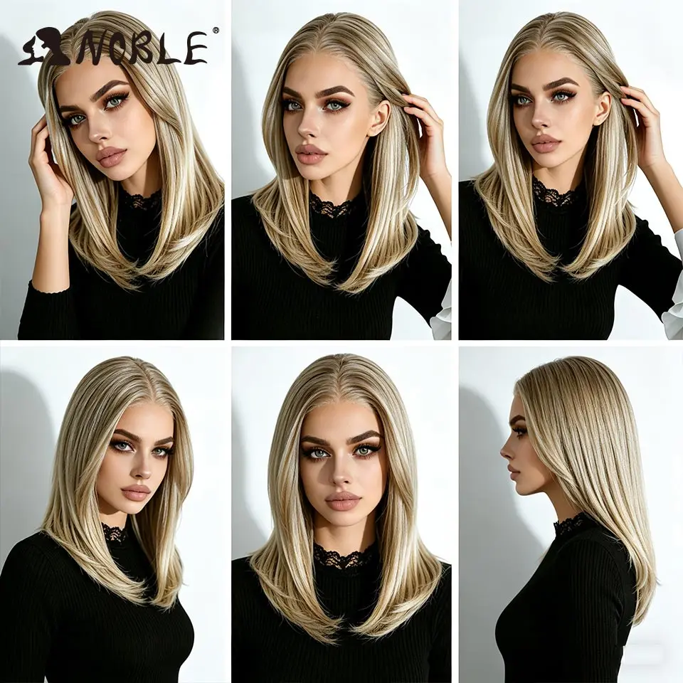 Edle synthetische Lace-Front-Perücken für Damen, 16 Zoll, 13x3, mit freiem Scheitel, vorgezupfte Bob-Perücken, gerade, geschichtet, Ombre-Braun, Lace-Front-Perücke – Detail 1