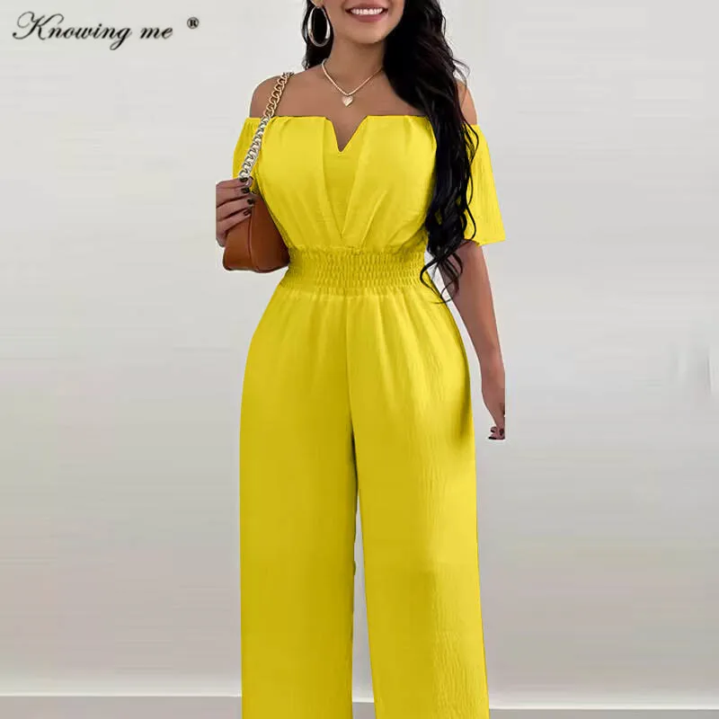 

Office Lady Elastic High waist Jumpsuit Women Sexy slash neck Short Sleeve Wide Leg Pant Jumpsuit Overall Female summer outfit