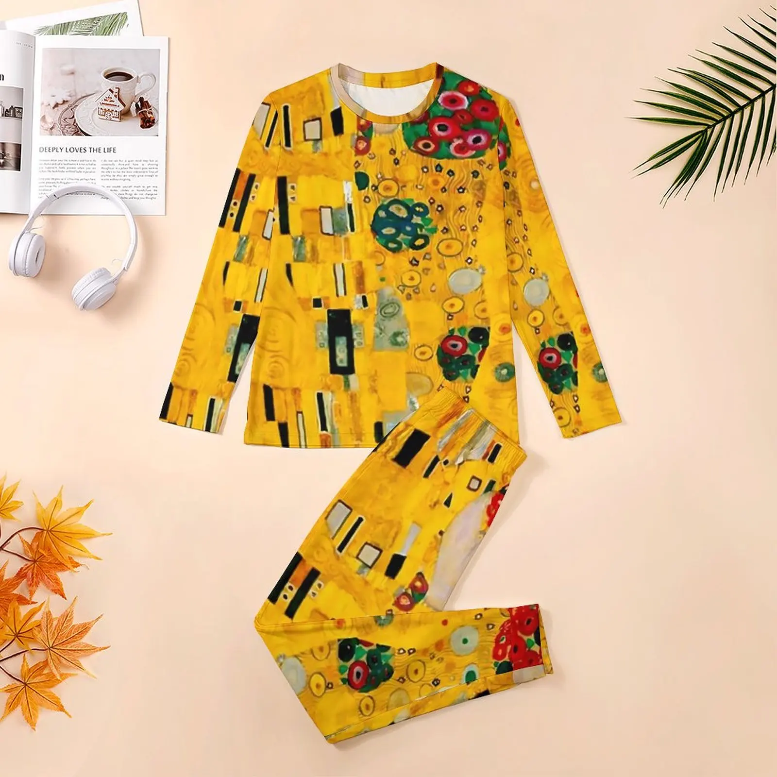 Gustav Klimt Pajamas Autumn Two Piece Golden Tears Print Kawaii Pajamas Set Man Long Sleeve Bedroom Custom Home Suit 3XL 4XL 5XL