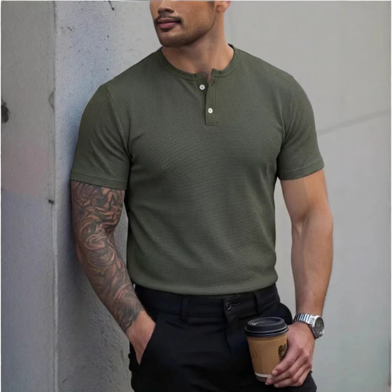 Men's Polo Shirt with Henley Collar, Short-Sleeved T-Shirt