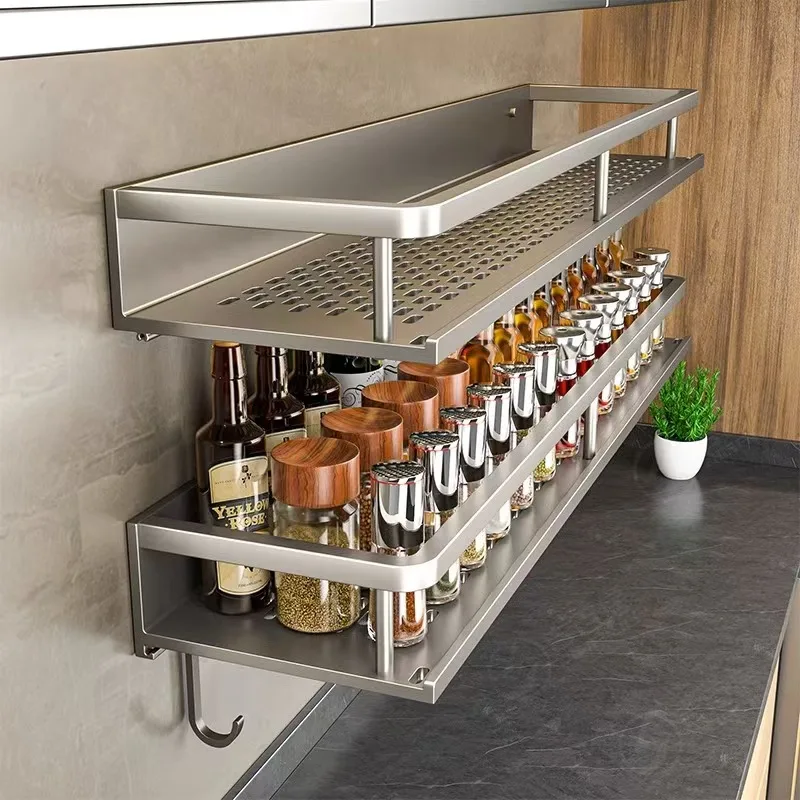 

Легкая роскошная кухонная многофункциональная полка для хранения, настенная полка для специй, настенная полка для хранения приправ без отверстий из нержавеющей стали