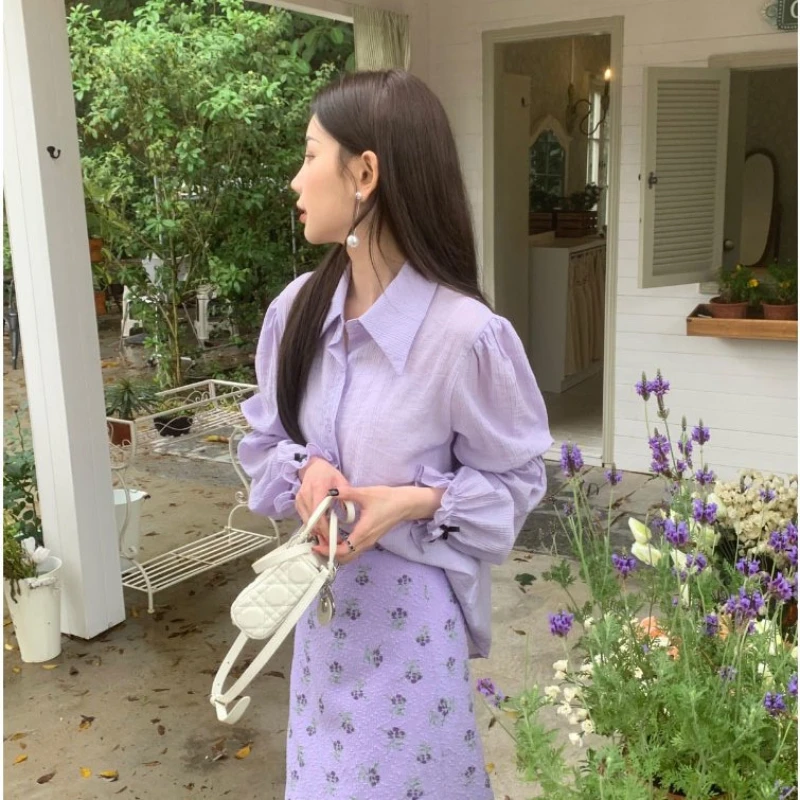 Temperament Sweet Candy Color Puff Sleeve Shirt for Women's Spring New French Design Loose Slim Top