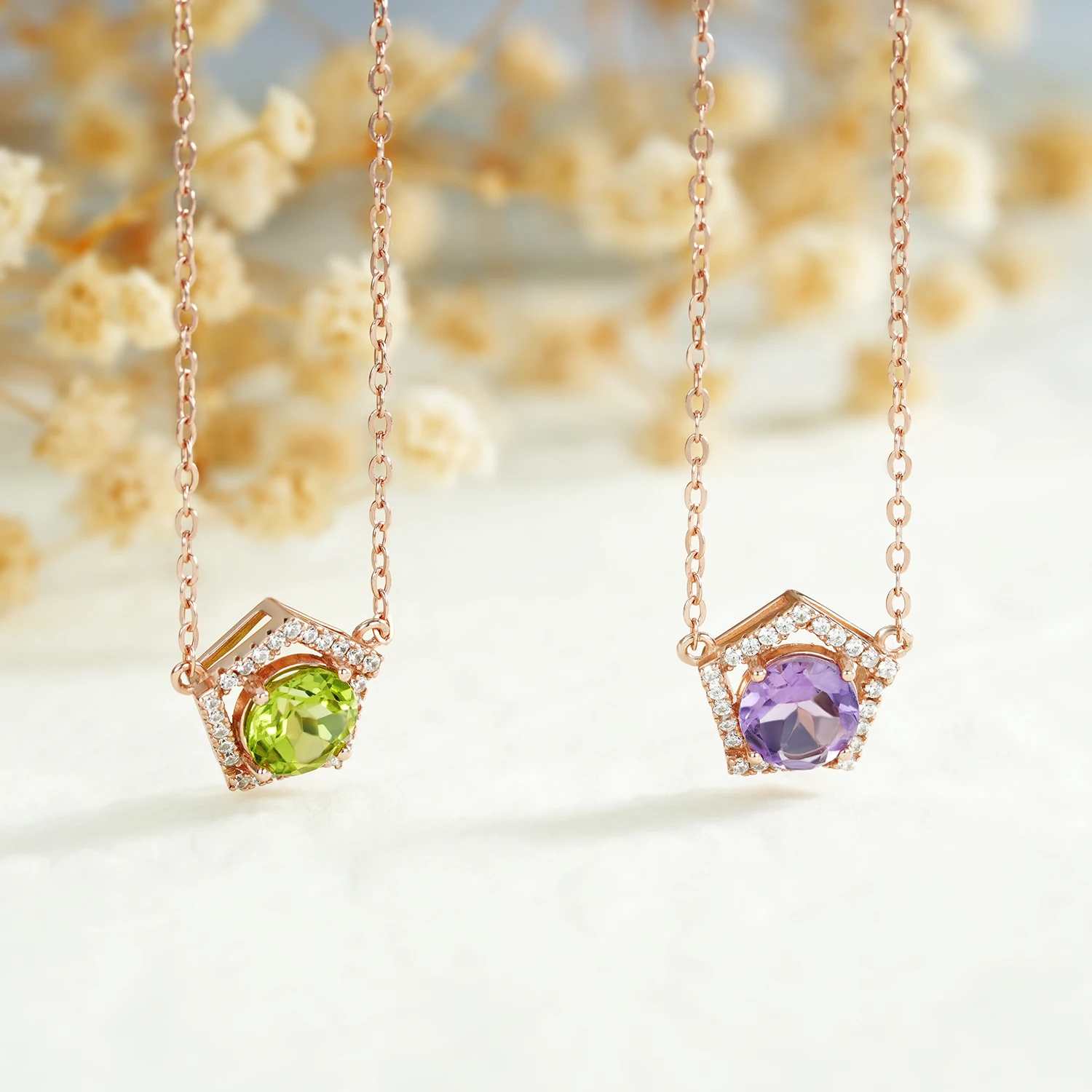 SILE Trendy Pentagon Pendant Necklaces For Women Rose Gold Plated 925 Sterling Silver Natural Amethyst Peridot Necklac Jewelry