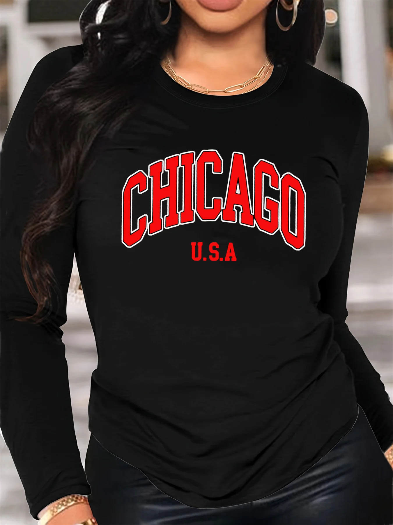 

Женская удобная повседневная футболка из 100% чистого хлопка на весну и осень с длинными рукавами CHICAGO USA с графическим принтом и круглым вырезом