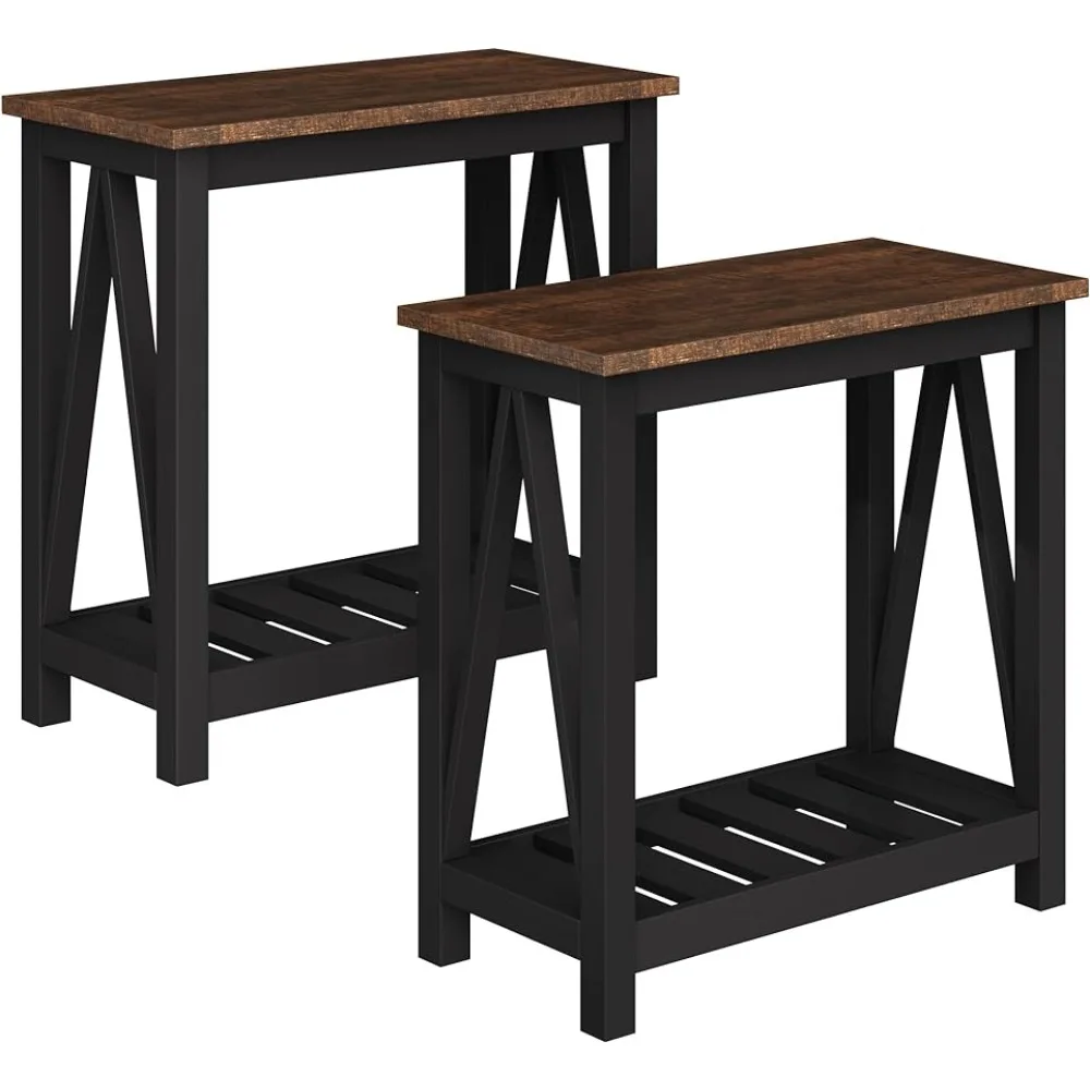 

Farmhouse End Table Rustic Vintage Narrow End Side Table With Storage Shelf for Small Spaces Bedroom Black 2 Pack Freight Free