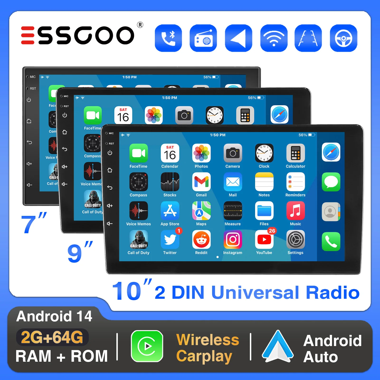 ESSGOO Autoradio Android 7/9/10 Android 14 2+64G con Wireless Carplay, 2 DIN, Android Auto, GPS, Navigazione SAT, Bluetooth, Radio FM RDS, WIFI, Schermo Touchscreen