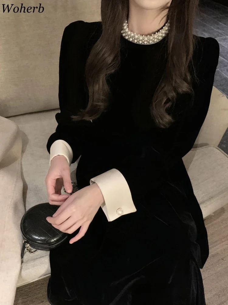 2024 Sweet Woman Party Dresses Korean Vintage Velvet Black Dress Patchwork Robe Elegant Clothes All Match Pearl Vestidos Mujer