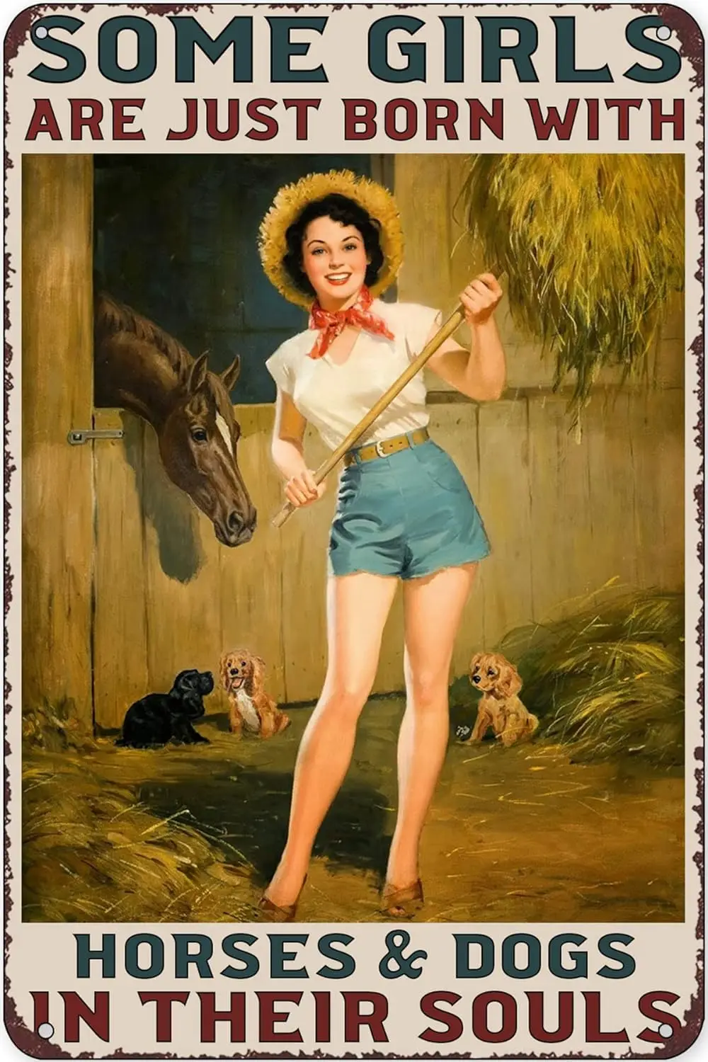 Western Cowboy Metal Tin Sign Some Girls Are Just Born With Horses & Dogs In Their Souls Retro Poster Cafe Bar Living Room  sign