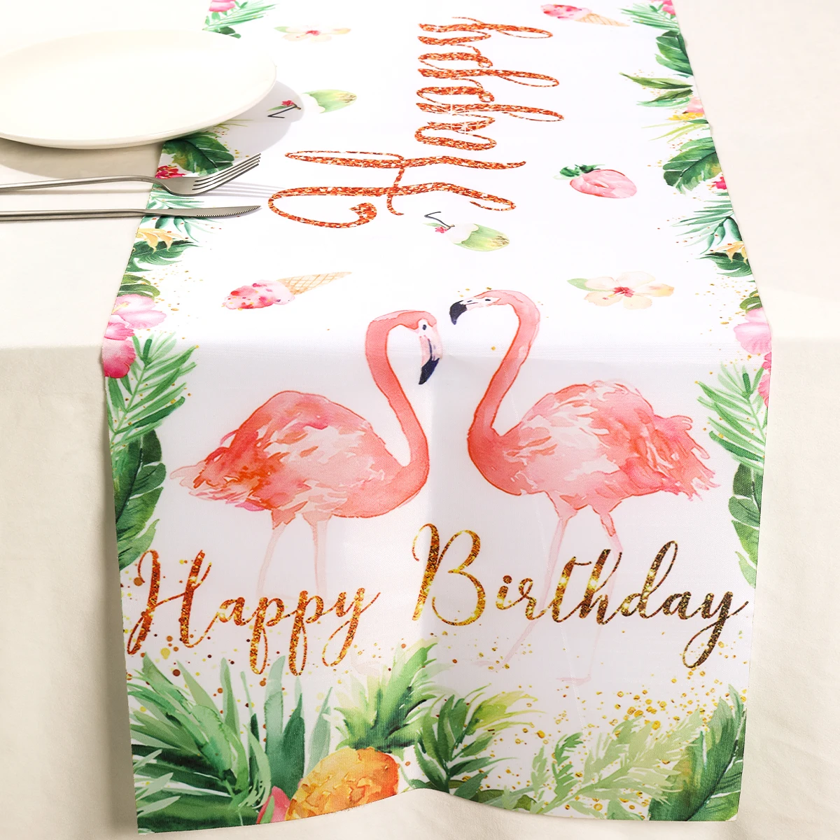 Summer Flamingo Table Runner Tropical Leaf Kitchen Table Cloth Hawaii Theme Happy Birthday Party Decorations Kids Table Cover