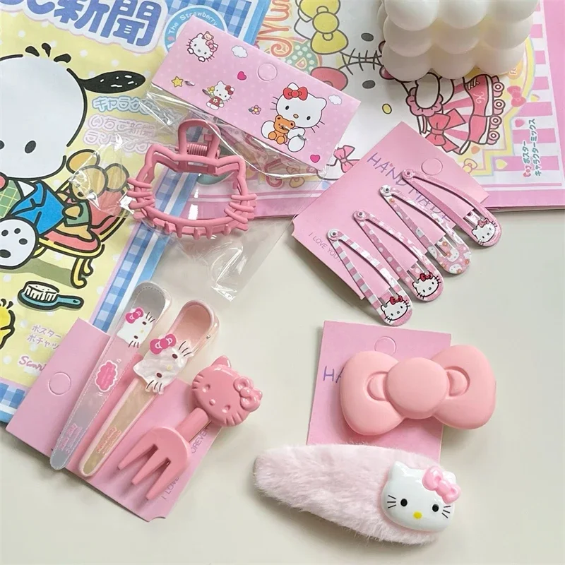 10Pcs Sanrio Hello Kitty Hairpin Set Cute Anime Cartoon Girl&Child Fashion Hair Accessories Ponytail Holder Holiday Gifts