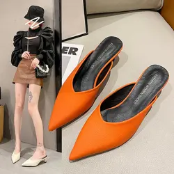 Thin Heels Pointed Toe Med Female Shoes Ladies' Slippers Low Shallow Mules For Women 2023 Luxury Slides New Designer Fashion Bas