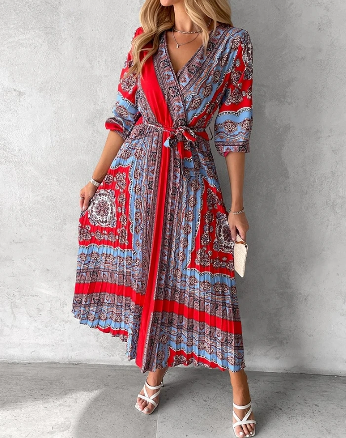 

Women's Vacation Tribal Print Tied Detail Casual Maxi Dress Temperament Female Clothes New Women Fashion V-Neck Pleated Dresses