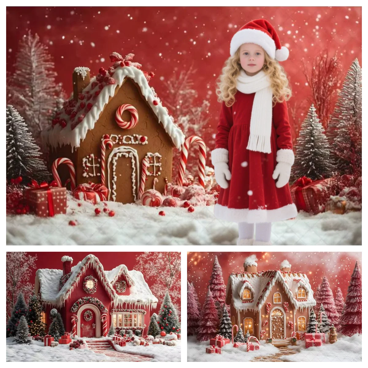 

Red Christmas Theme Gingerbread House Photography Background Christmas Gifts Snowflake Christmas Tree Photography Studio Supplie