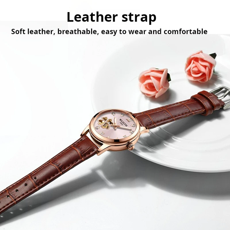 Women Automatic Mechanical Watches Diamond Four-leaf Clover WristWatches Ladies Leather Pink Watch Waterproof Senhoras Assistir