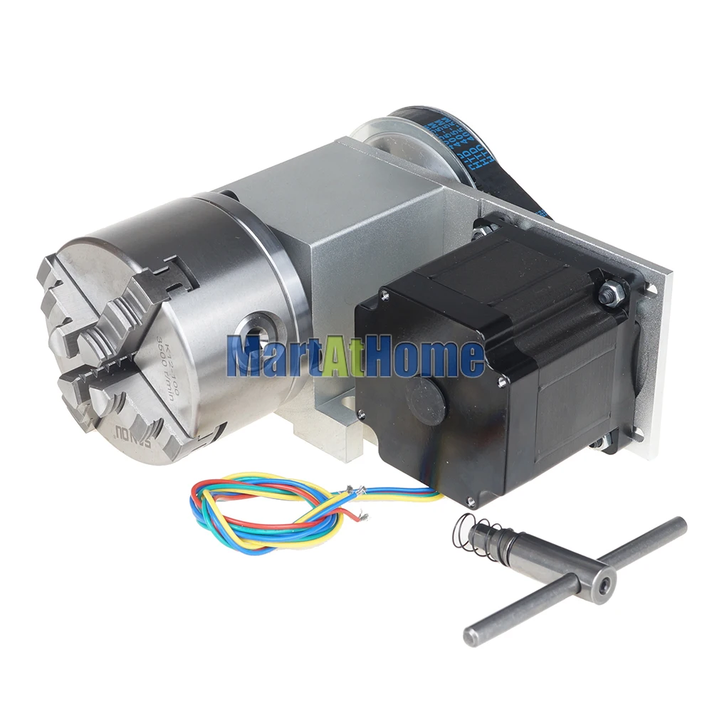 Table d\'indexation distante de routeur CNC CRA068-A/B/C 4ème rapport de réduction d\'axe 4:1 avec mandrin de 100mm à 3 mâchoires et moteur pas à pas