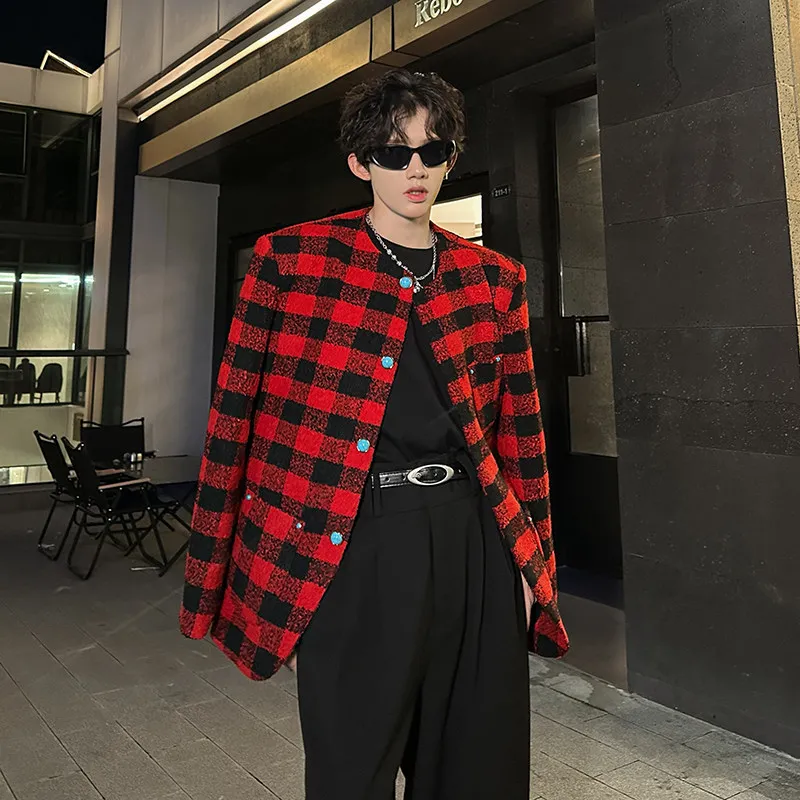 

Red Plaid Jaet Men's ort Nel Top Faion Urban Sle Warmth Outerwear Polyester Fiber Autumn Season Single Button