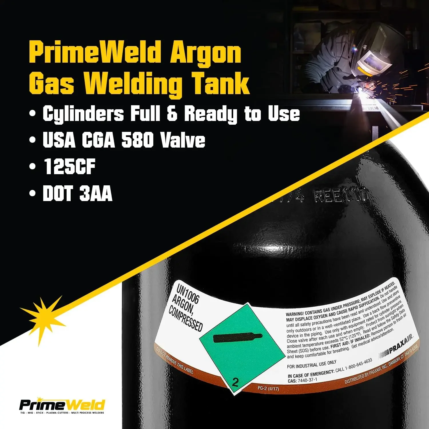 Tanque de Soldadura Lleno 125CF |   DOT 3AA |   Válvula CGA 580 de EE. UU. |   Mejor Gas para Aplicaciones de Soldadura TIG |   Cilindros Llenos y Listos para Usar