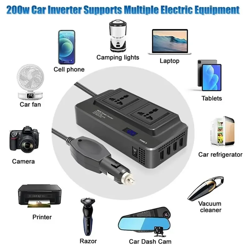 Latest-Car Power Bank 200W LED Universal DC To AC Current Inverter Pure Sine Wave Battery Converter Auto Charger
