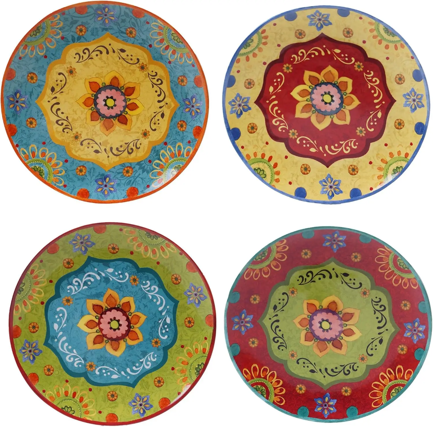 

Tunisian Sunset 10.5' Ceramic Dinner Plates, Set of 4 – Multicolor Boho Folk Art Design, Bold Mediterranean-Inspired