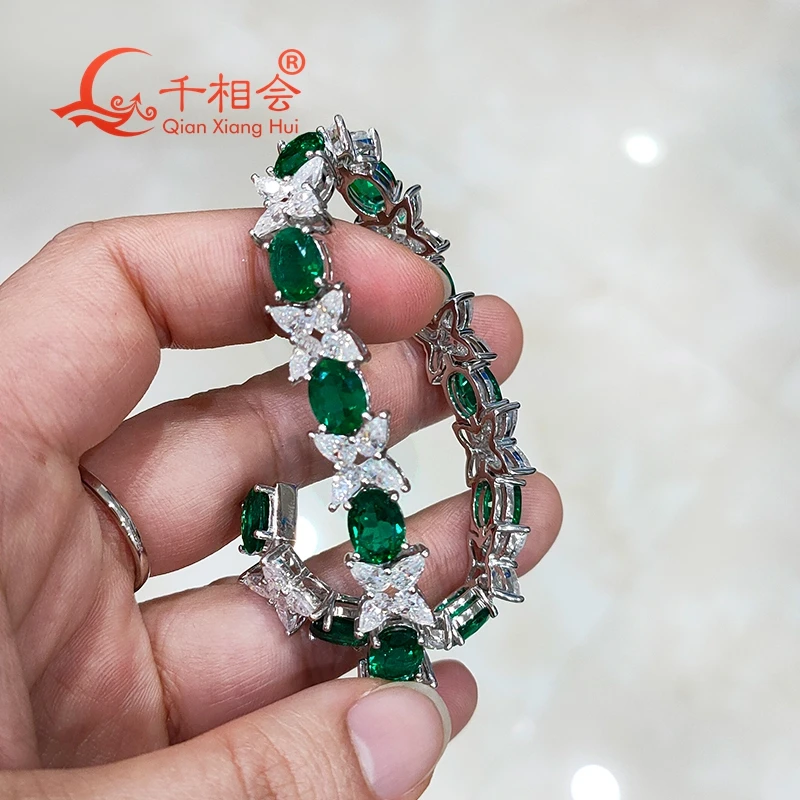 Green emerald oval shape four-leaf clover D VVS  Moissanite Link Chain 925 Silver Bracelet Women jewelry