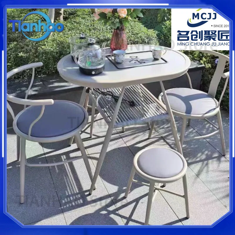 Outdoor Round Table Set for Small Spaces Patio Garden Balcony Tea Table and 2 Rattan Chairs for Outdoor Use