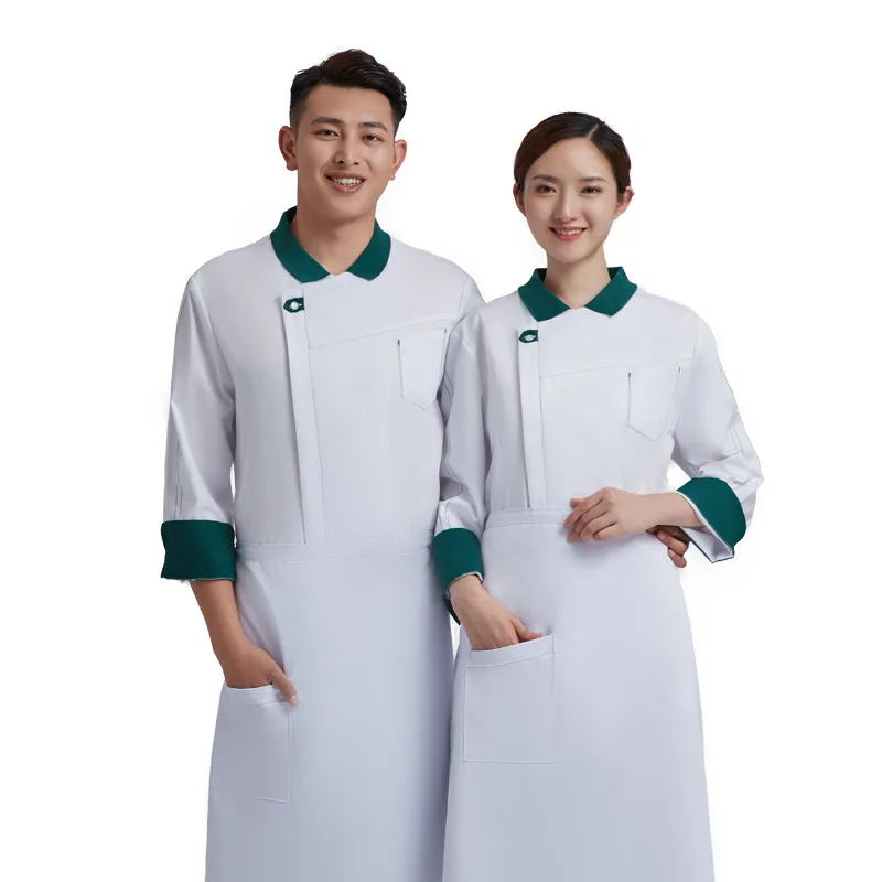 C296 Blue Chef's Uniform Overalls Long Sleeves Chef Coat Kitchen Baking Uniforms Western-style Waiter Coat Sushi Chef Uniform