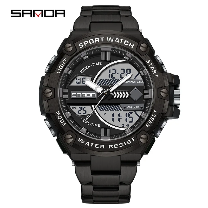 SANDA 3185 Men\'s Electronic Watches Alarm Mode Waterproof Shock Resistant Outdoor Sports Chronograph Stainless Steel Strap Watch