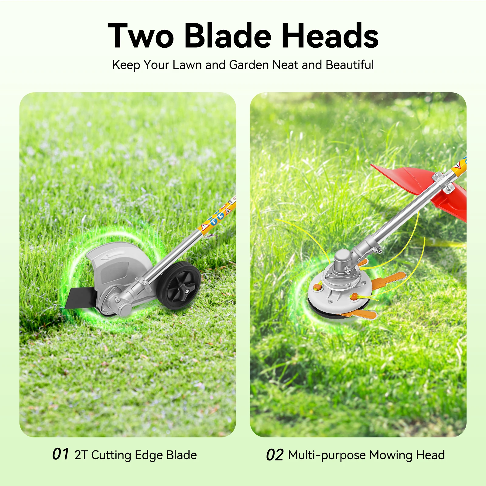 43cc 1.25KW Gasoline Weed Wacker 8500rpm 2-Stroke Brush Cutter String Trimmer with 2 Blade Heads for Lawn Garden Mowing Red+Silver