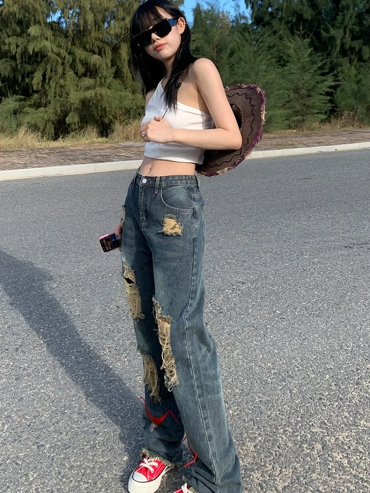 

Свободные джинсы прямого кроя с высокой талией и широкими штанинами, женские джинсы Distred Faion High Street Design Sensation Small ence