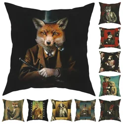 45x45cm Victorian Animal Portrait Pillowcase Vintage Fox Dog Cat Rabbit Cushion Cover Cool Decorative Polyester Pillowcase