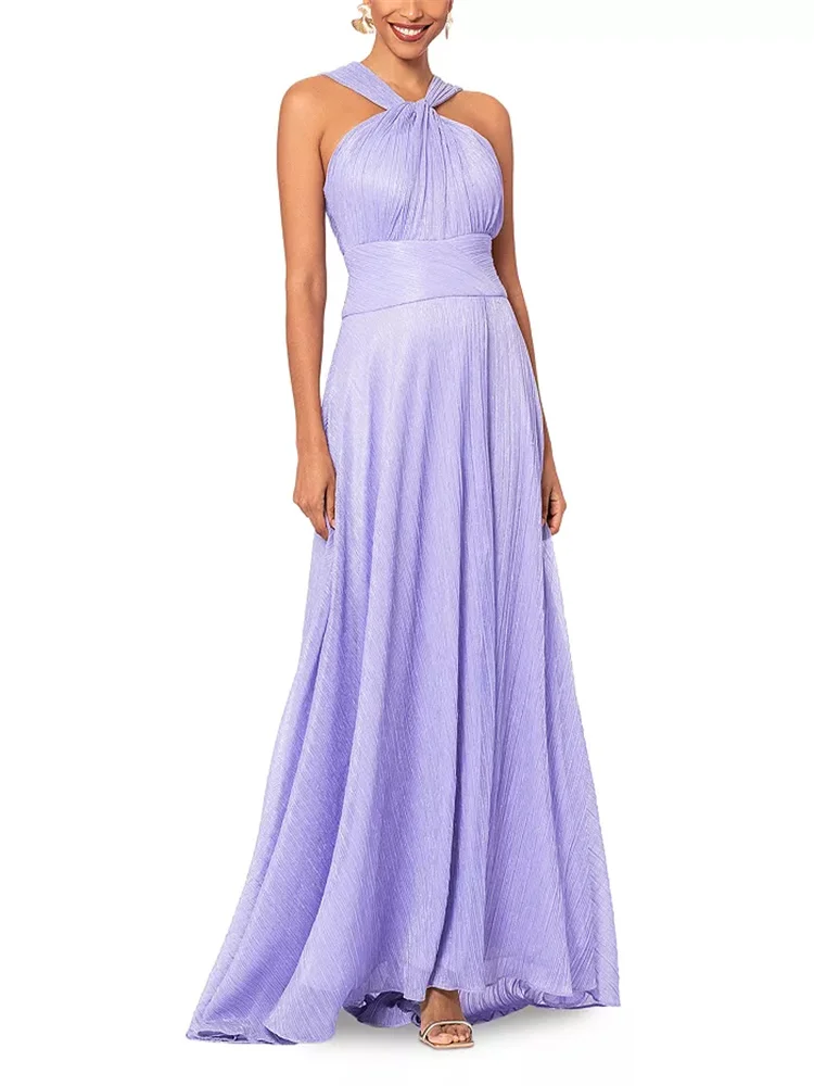 

Customized Purple Metallic Pleated Maxi Dress Sleeveless Halter Neck With Front Twist Design A-line Draped Party Evening Dress