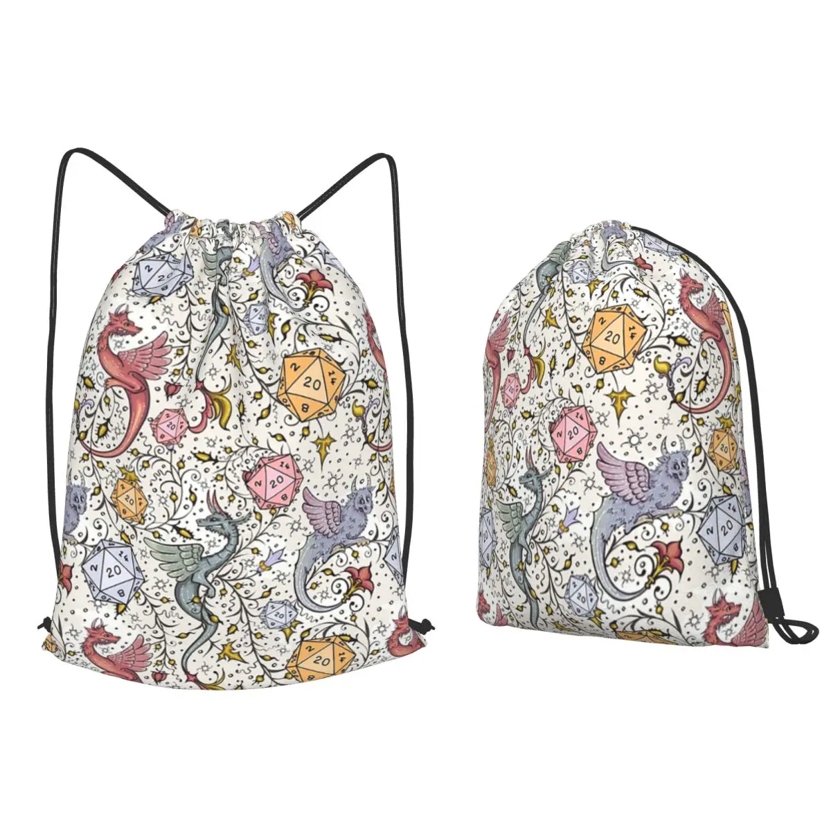 Medieval Dragon And D20 Dice, Dnd Pattern Backpacks Fashion Drawstring Bundle Pocket Sundries Bag Book Bags for Man Woman School