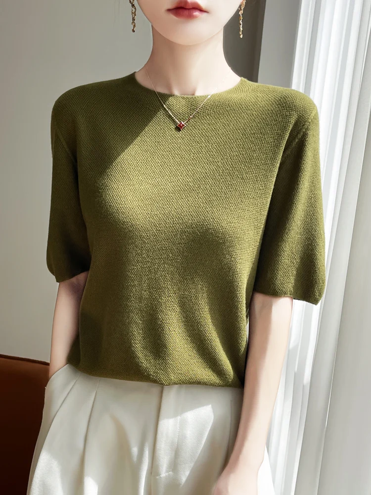 عادية الصيف النساء تي شيرت الحرير س الرقبة الصلبة الإناث بلوفر مغزول نصف كم رقيقة الملابس بلايز الأساسية تيز لينة ملابس خارجية