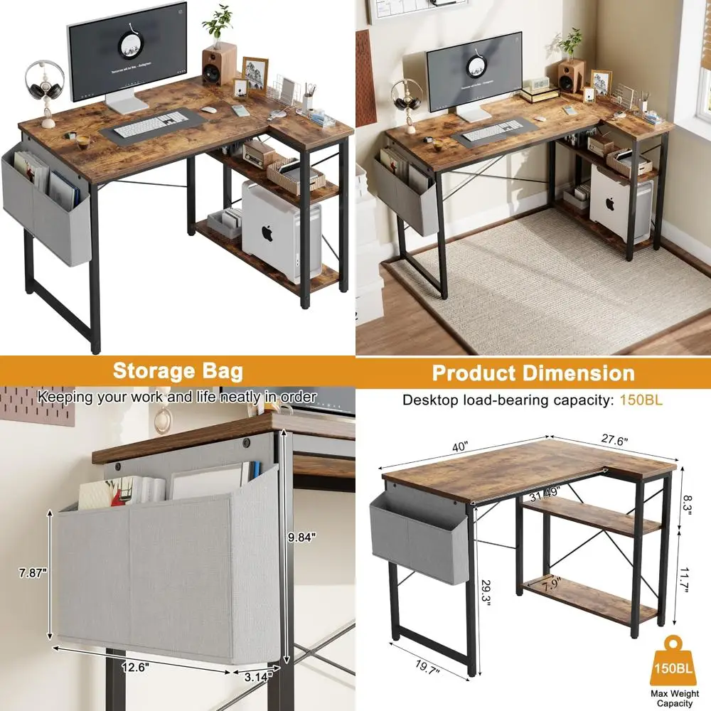 

L-образный 40-дюймовый компьютерный стол с двусторонними полками и сумкой для хранения для игр и небольших угловых помещений