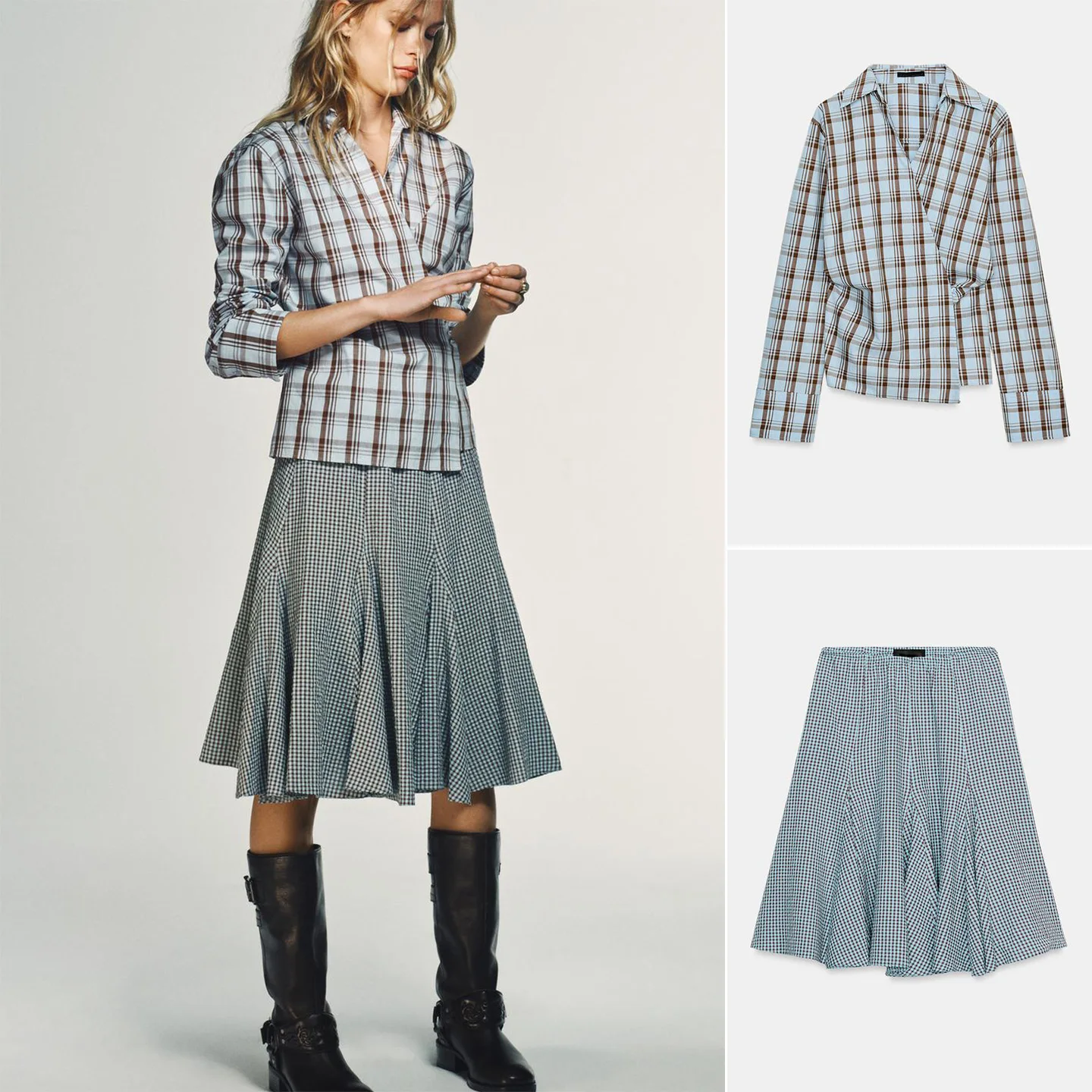 

Women's Plaid Shirts And Midi Skirts Spring Fashion Set Long Sleeve Regular Length Double Lapel Wave Style Wide Hem Dress